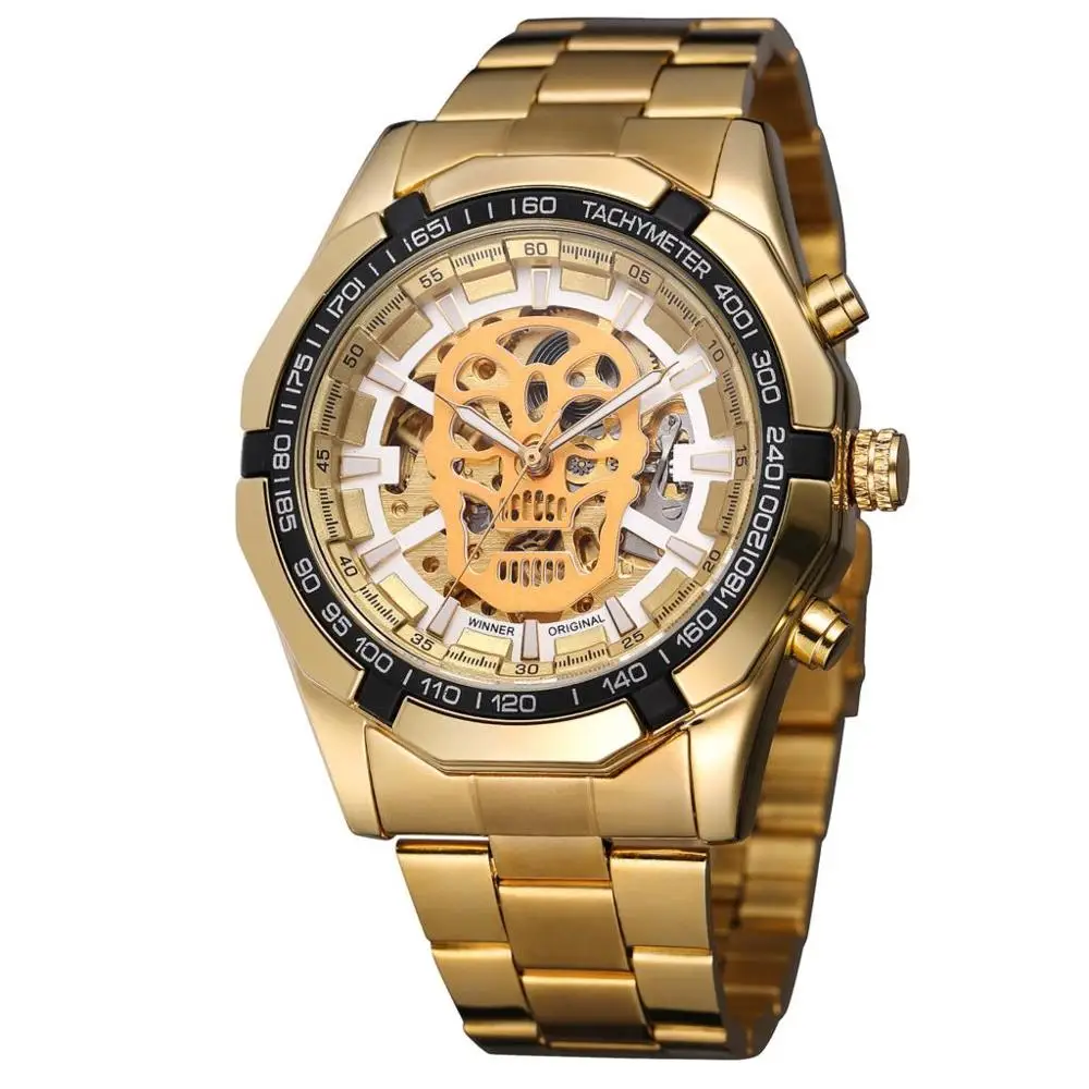 

20pcs/lot WINNER Brand Fashion Mechanical Watch Men Skull Design Luxury Golden Stainless Steel Strap Skeleton Man Wrist Watch