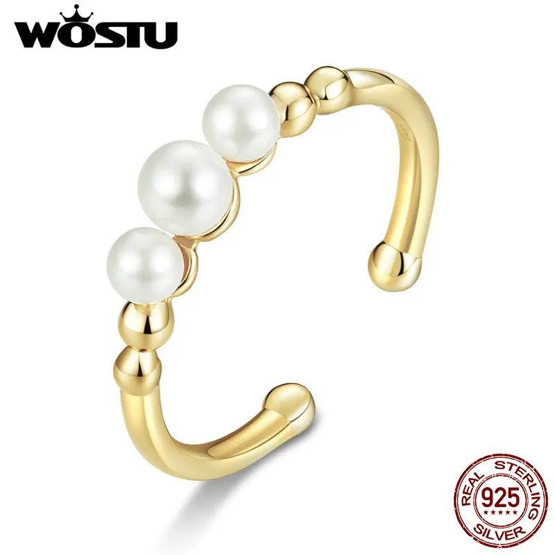 

WOSTU 2019 New 100% Real 925 Sterling Silver Pearl Golden Color Opening Rings Simple Design Adjustable Rings Jewelry Gift CTR058