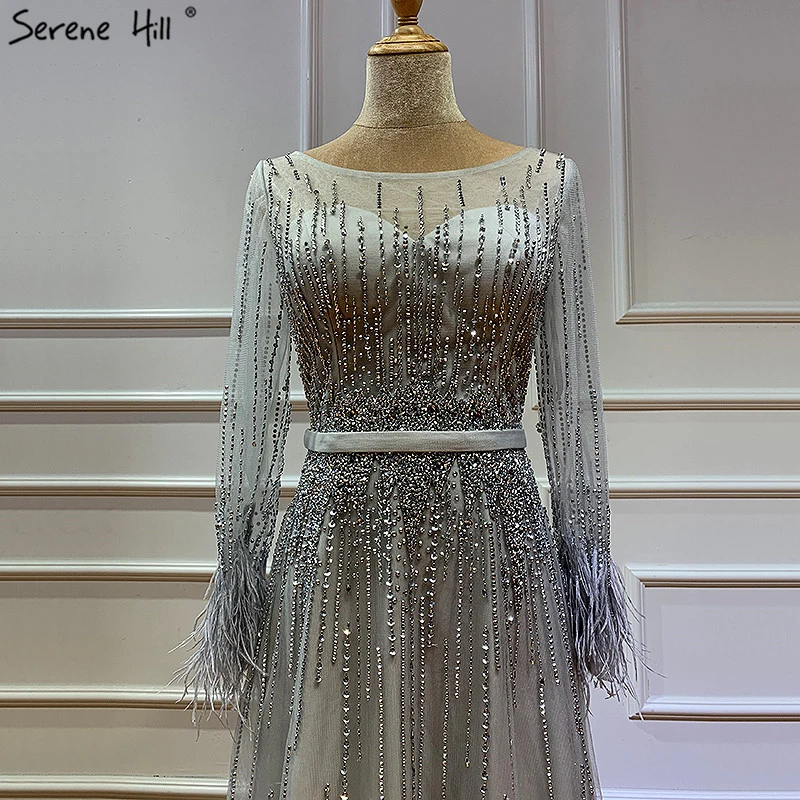 Серое Роскошное дизайнерское платье для выпускного вечера в Дубае, перья, длинные рукава, бисероплетение, кристаллы платья для выпускного,, Serene Хилл, BLA60957