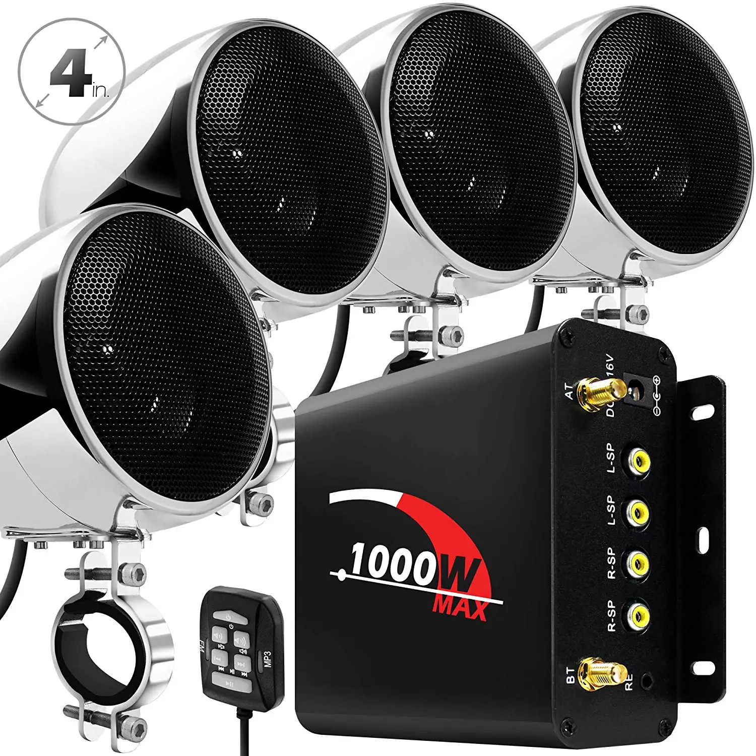

Aileap 1000W Motorcycle Audio 4 Channel Amplifier Speakers System, Support Bluetooth, AUX, FM Radio, SD Card, USB Stick (Chrome)