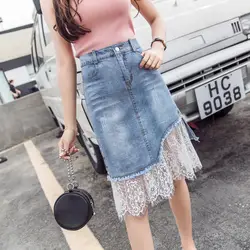 Женская летняя джинсовая юбка с высокой талией 2019, женские сексуальные с сеточкой в стиле петчворк, джинсовые юбки, корейские женские