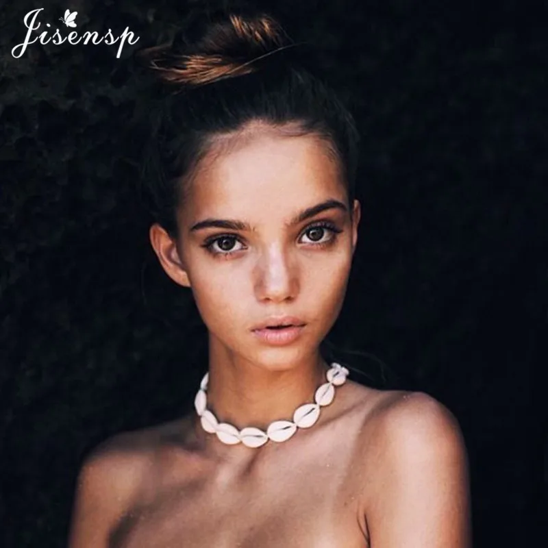 Jisensp New Fashion Black Rope Chain Natural Seashell Choker Necklace Collar Boho Shell Chokers Necklaces for Summer Beach Gift