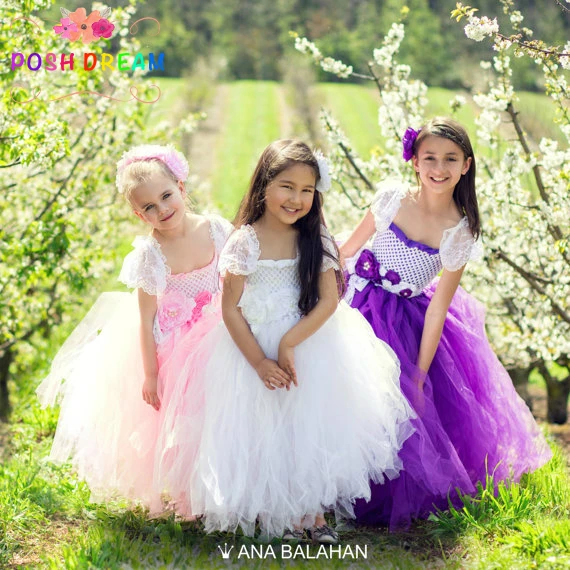 

POSH DREAM WHITE Flower Tutu dress First birthday Communion Dress Baptism Christening Gown Girl Outfit Princess Dress PT320