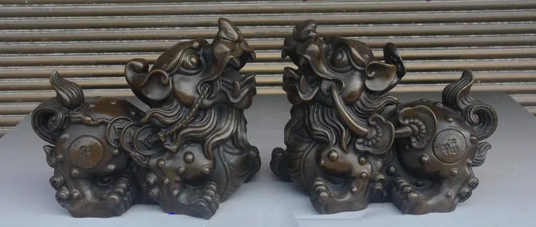 

FREE Shipping 8" China Feng Shui Pure Bronze Wealth Coin PiXiu brave troops Beast Statue Pair