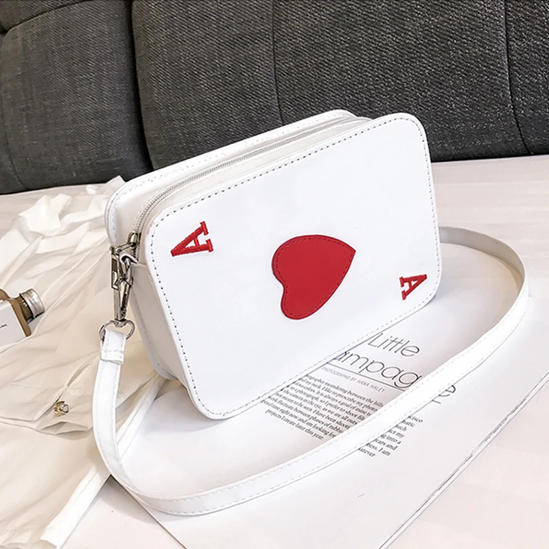 

Women Korean Funny Messenger Bag One Shoulder Bag Playing Cards Heart Print Zipper Cubes Crossbody Female Bag