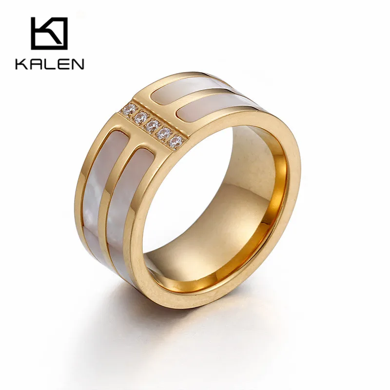 

KALEN Ethiopian Gold Stainless Steel Rings For Women Size 6 7 8 9 Shell Two Lines Charm Rhinestone Finger Rings Female Jewelry