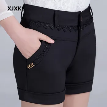 XJXKS 여성 신축성 하이웨이스트 반바지, 베이직 오버사이즈 S-5XL, 솔리드 반바지, 2023 용수철, 여름 가을 겨울 신상