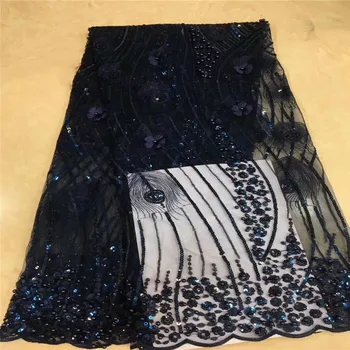 

2019 Hot Sale Black Embroidered African Lace Fabric High Quality With Beads Sequins French Net Guipure Lace Fabrics 5 yards