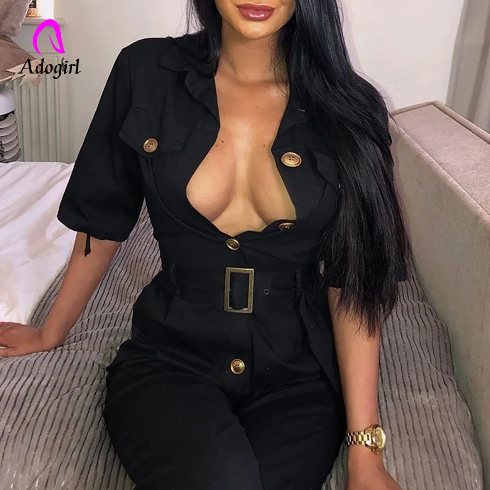 

Adogirl New Khaki Romper Womens Jumpsuit Long Elegant Button Detail Short Sleeve High Waist Cotton Fashion Autumn Cargo Jumpsuit
