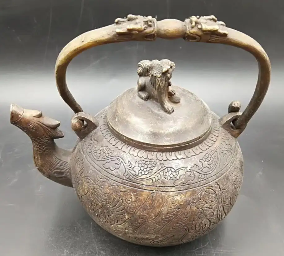 Chinese antique brass relief carved dragon Phoenix teapot furnishing articlesin Statues