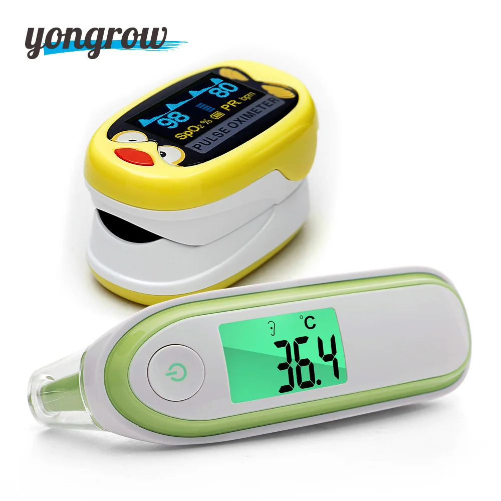 

Yongrow yellow baby Pediatric Portable Fingertip Pulse Oximeter and Forehead Ear Thermometer Medical LCD Infrared Digital