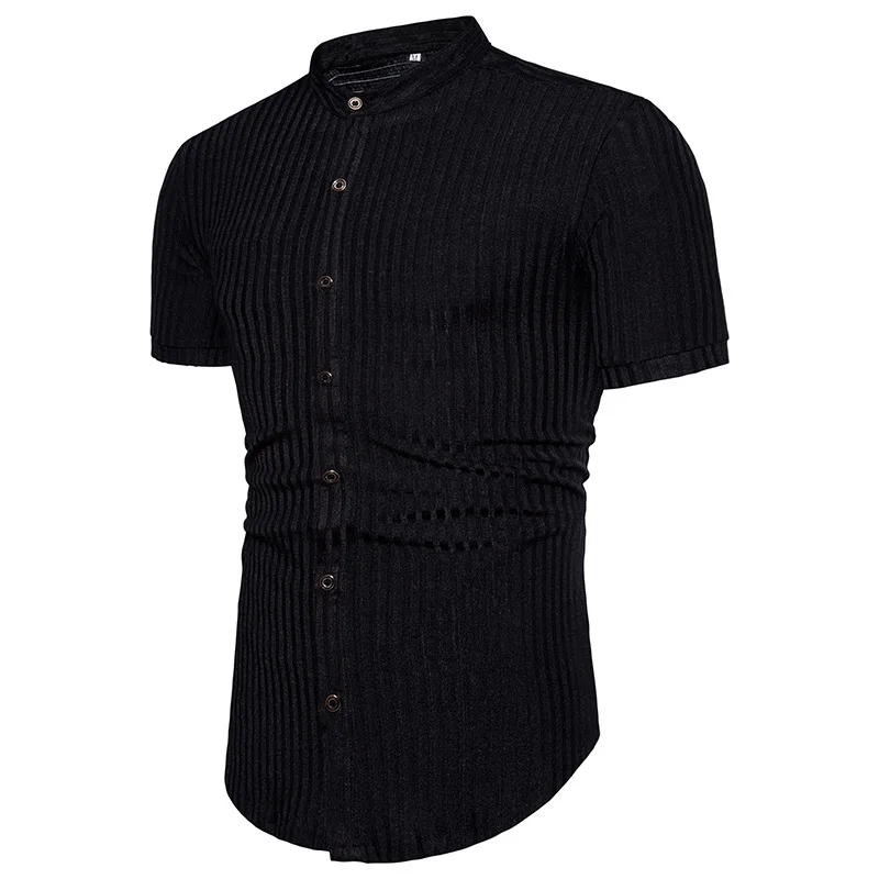 Manches À Rond gray Chemise Courtes Homme Conception Jacquard Mince Mode brown De Col Teints Black Hommes Camisa Décontractée Chemises Fils Bande vwxP7qR