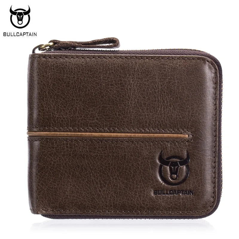 

BULLCAPTAIN New Arrival Genuine Leather Men Wallets Unique Design Man Small Wallets Zipper Purse ID Credit Card Holder