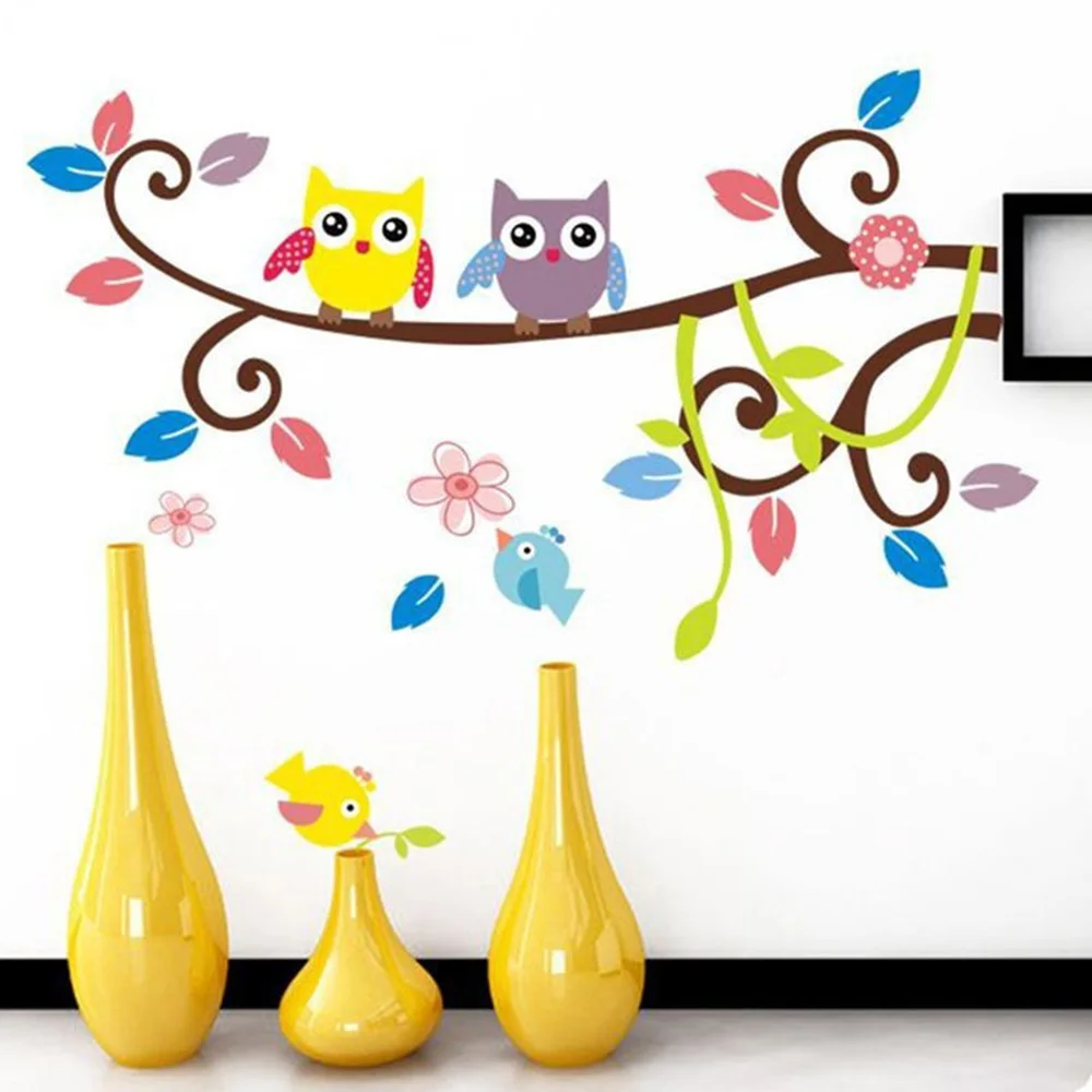 

2019 NEW Repositionable Children Double Owl Wall Sticker Print Sticker Home Art Colored Paper Decorative Sticker