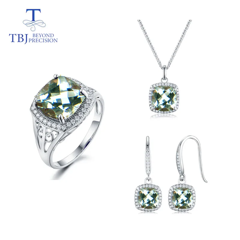 

TBJ,natural Brazil green amethyst cushion cut jewelry set pendant ring earring 925 sterling silver fine jewelry for women gift