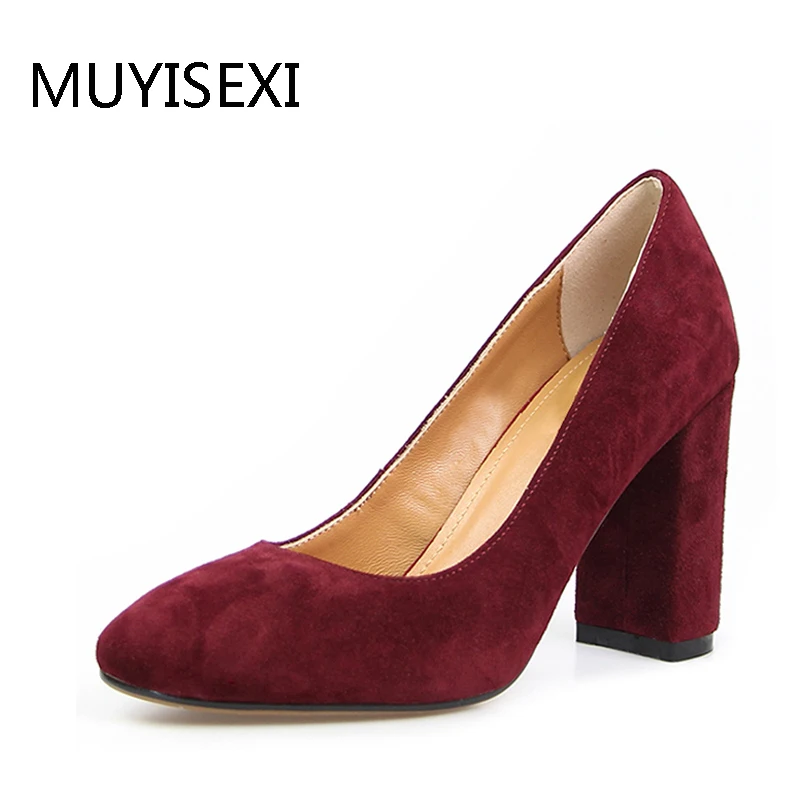 

Shallow Pumps Office Lady High Heels Full Genuine Leather Thick Heel Pumps Slip On Square Toe Women Shoes YJN09 MUYISEXI