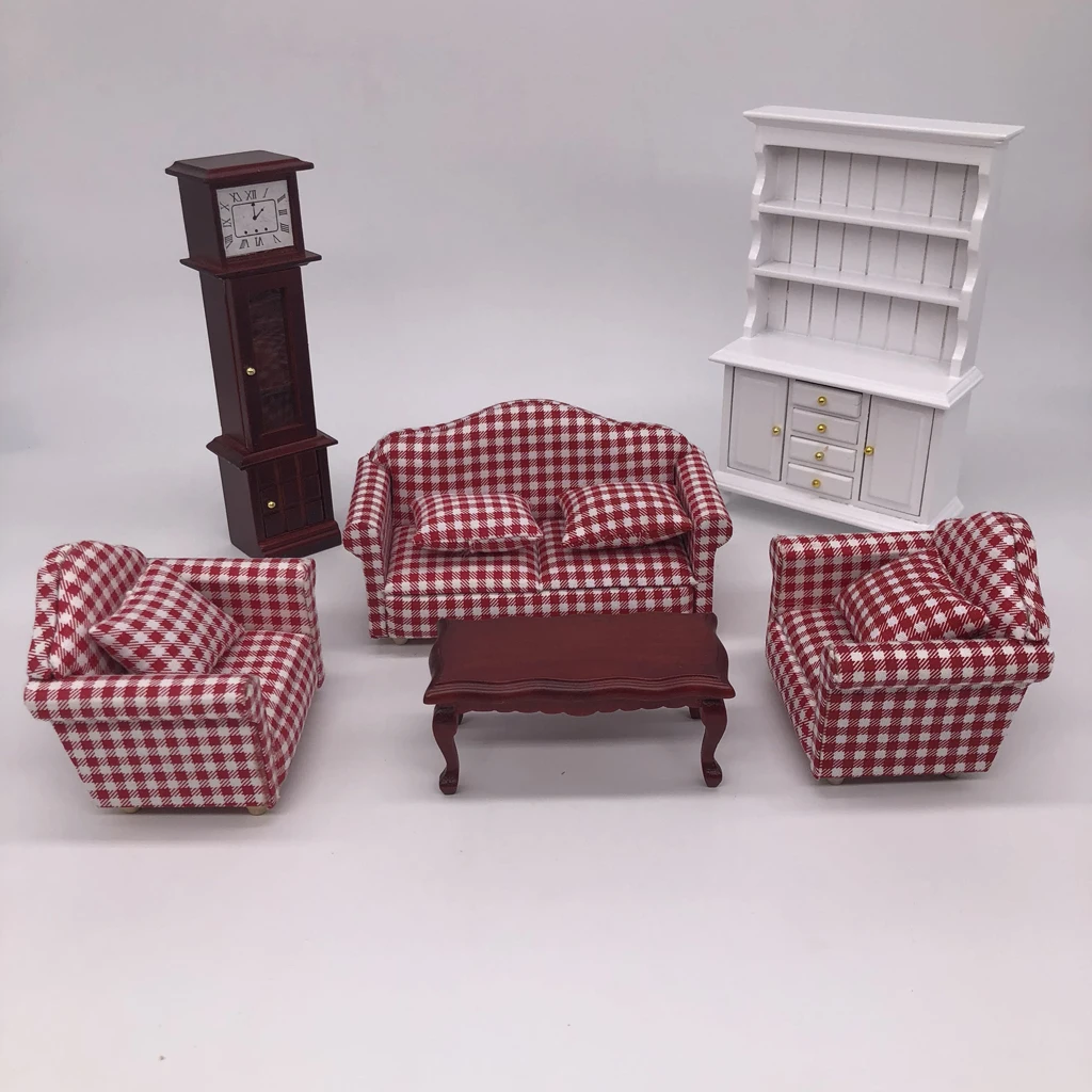 

10pcs Mini Furniture Model 1/12 Dollhouse Living Room Furniture Kit Sofa & Cushions & Table & Display Cabinet & Vertical Clock