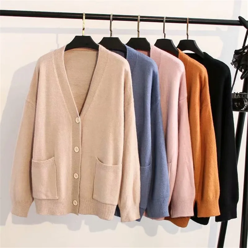 

Large size Knit Sweater Women Cardigan Coat Spring Autumn V-neck Single-breasted Pocket Sweaters Jacket Female Casual Tops G67