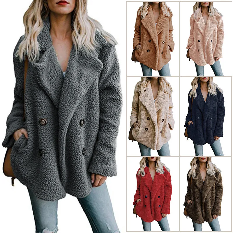 Winter and Autumn Double-breasted Sweaters Flipped-collar Loose-wool Overcoat Women in Europe America |