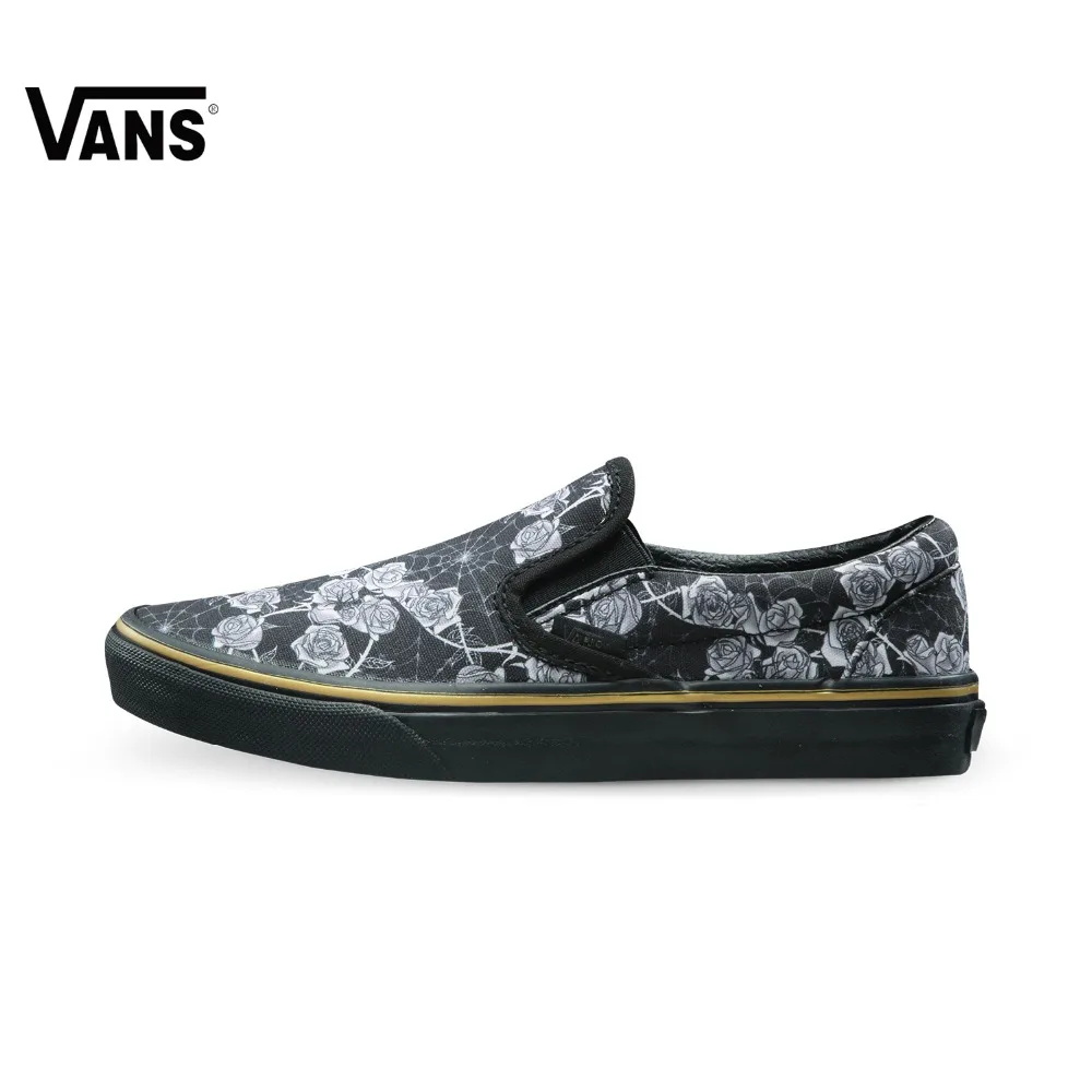 

Original Vans Shoes New Black Flower Printed Low-Top Elastic Band Sport Skateboarding Shoes Punk Canvas Sport Shoes Sneakers