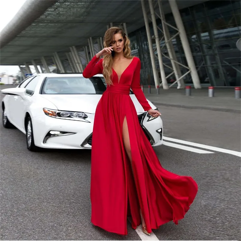 Women's Long Sleeve Sexy V Neck Soild Sling Everying Party Long Dress Casual elegant High Quality dress New Arrival N16#N (10)