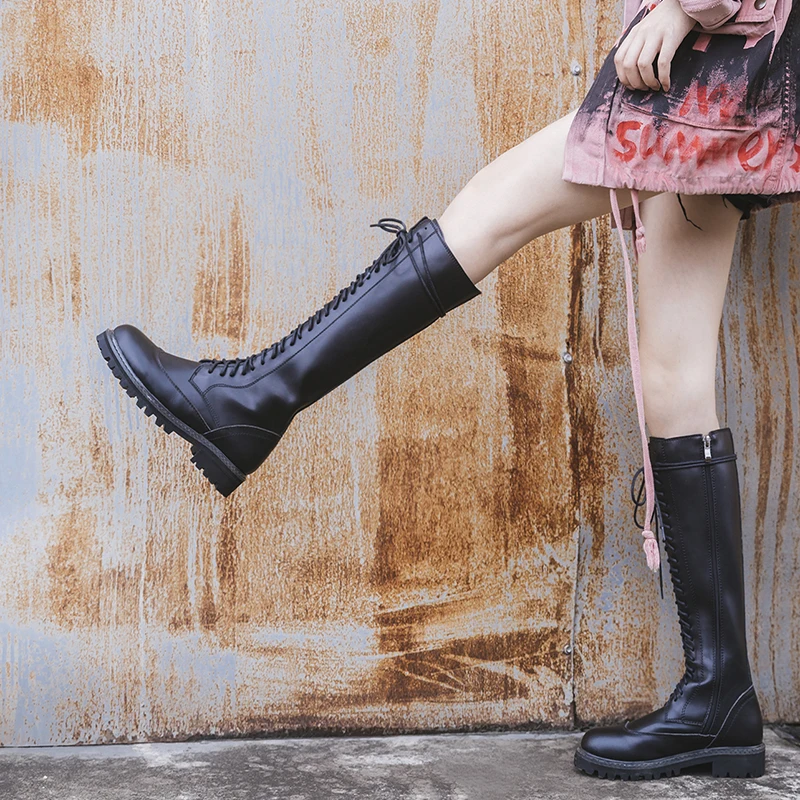 

Real Leather Strap Knee High Boots Patent Leather Knight Martin boots Woman Motorcycle Flat Boots Lace-up Winter Long Boots
