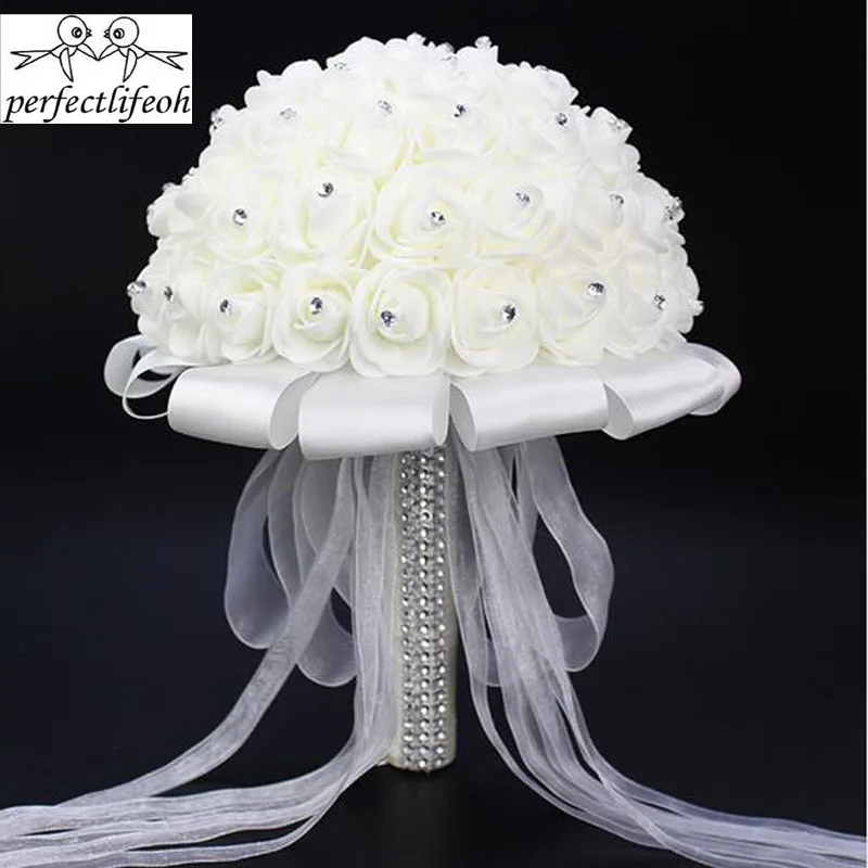 perfectlifeoh White Rose Luxury Crystal Wedding Bouquets Handmade With Crystal Gelin Buketiin