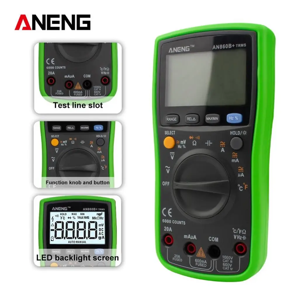 

ANENG Digital Multimeter ACV/DCV Ammeter Diode Ohm Temp Tester Ture RMS with Line Standard