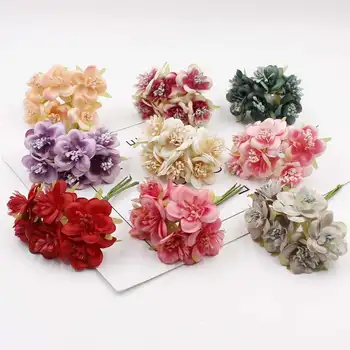 

6 pieces / batch silk mini rose artificial cherry blossom bouquet head for wedding decoration DIY scraping wreath home fake flow