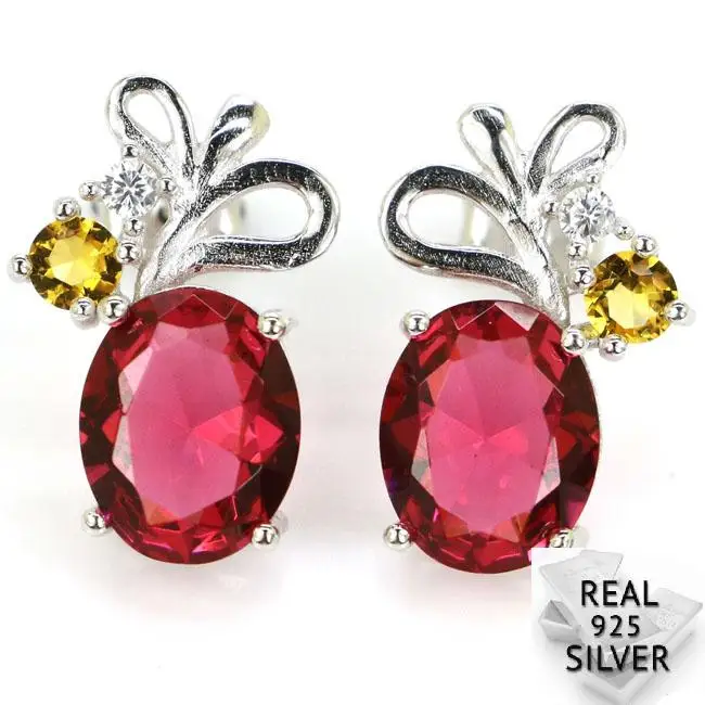 

Real 3.0g 925 Solid Sterling Silver Pink Raspberry Rhodolite Garnet Citrine Stud Earrings 18x11mm