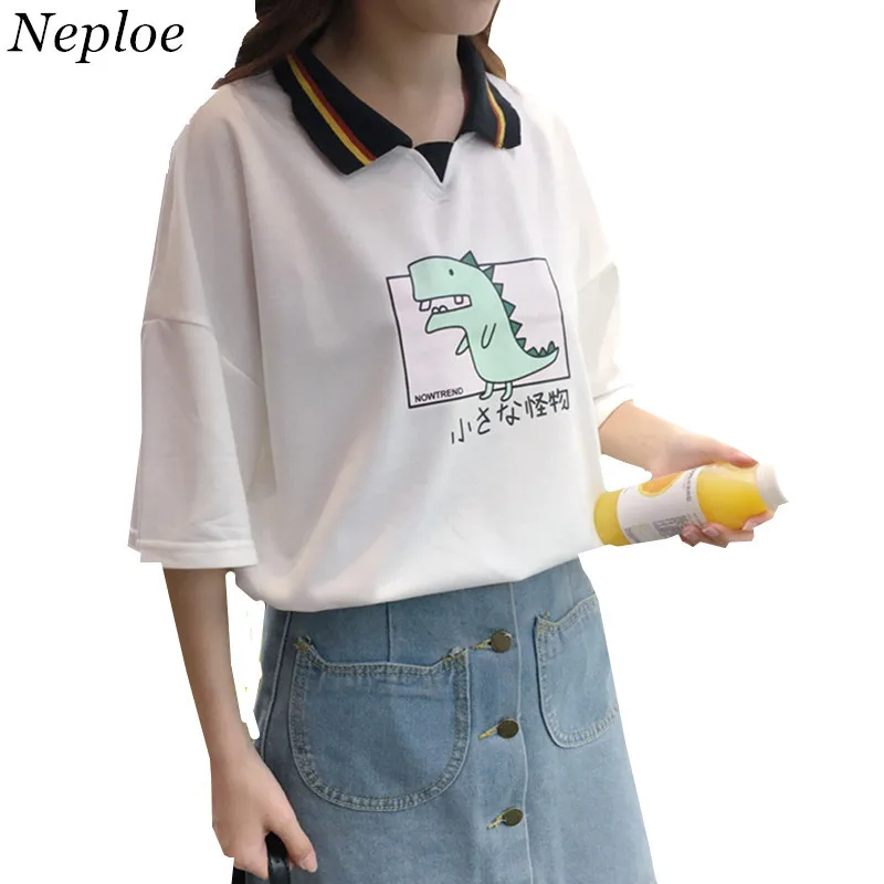 

Neploe Preppy Style Korean Clothes TShirt Short Sleeve Turn-down Collar T-Shirt Tops Dinosaur Japan Kawaii Lady T Shirt 38250