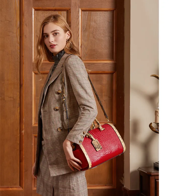 الفاخرة أزياء الأفعى نمط المرأة حقيبة يد حقيقية جلد البقر بوسطن الأعلى مقبض حقيبة حقائب كتف متنقلة للسيدات