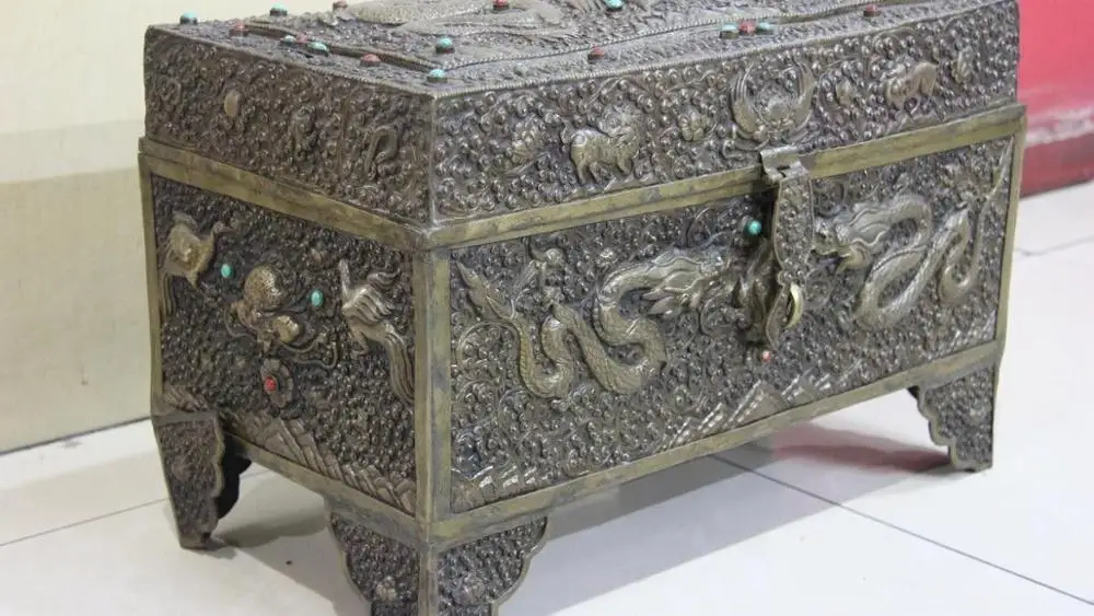  12 Tibet Cuivre Travail Manuel fait Bouddhisme Garuda oiseau Lion Dragon cas Boîte à Bijoux