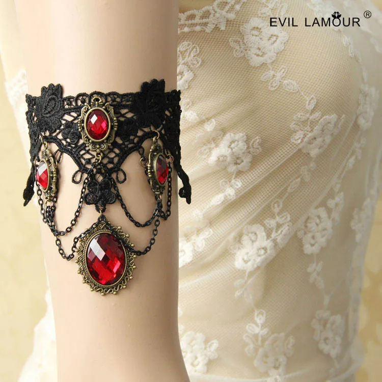 Ruby stone black Gothic bride wedding dress accessories chain tassel