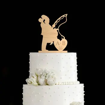 

fishing wedding cake topper with initial , mr mrs, bride and groom topper
