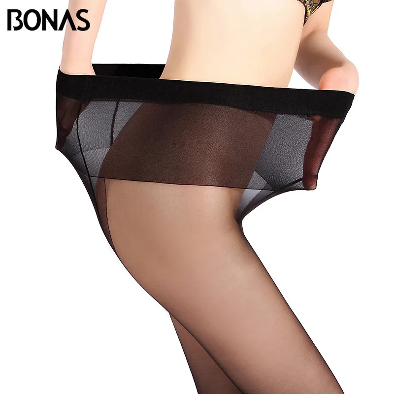 Женские нейлоновые колготки BONAS черные Бесшовные тонкие однотонные большого