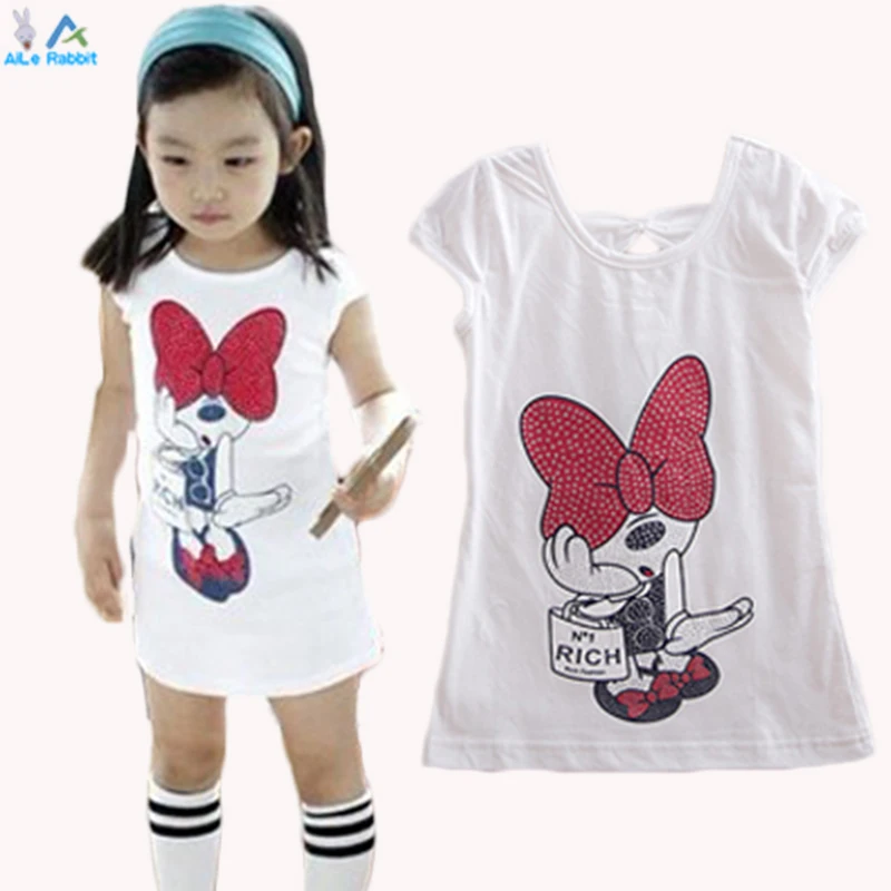 

AiLe Rabbit  Cartoon girls dress t-shirt, short-sleeved T-shirt dress back bow Minnie Kids children's clothes 3-7Y free shipping
