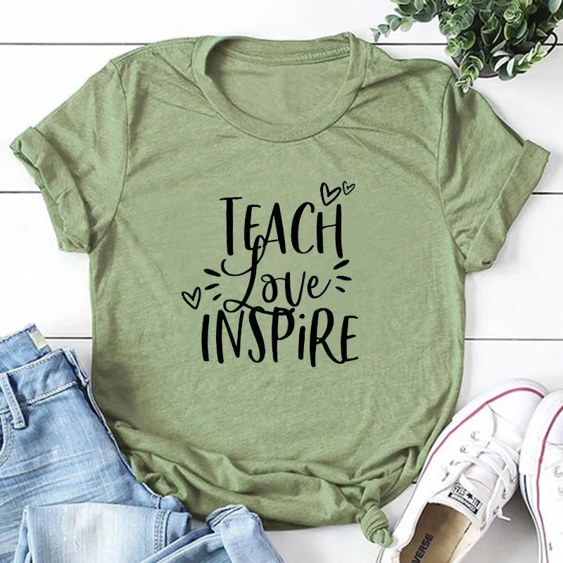 Teach Love Inspire футболка для женщин подарок для учителя футболка повседневные летние футболки для девочек хипстерские футболки эстетические хлопковые топы Прямая