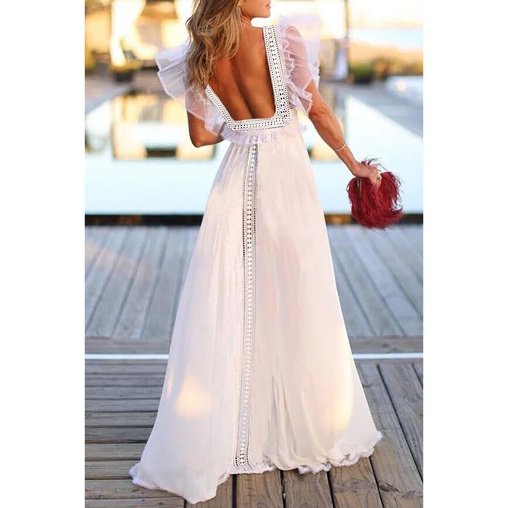 

new design Cute Summer Long White Dress Women Solid Formal Wedding Deep V-Neck Lace Evening Party Ball Prom Long Dress Gift