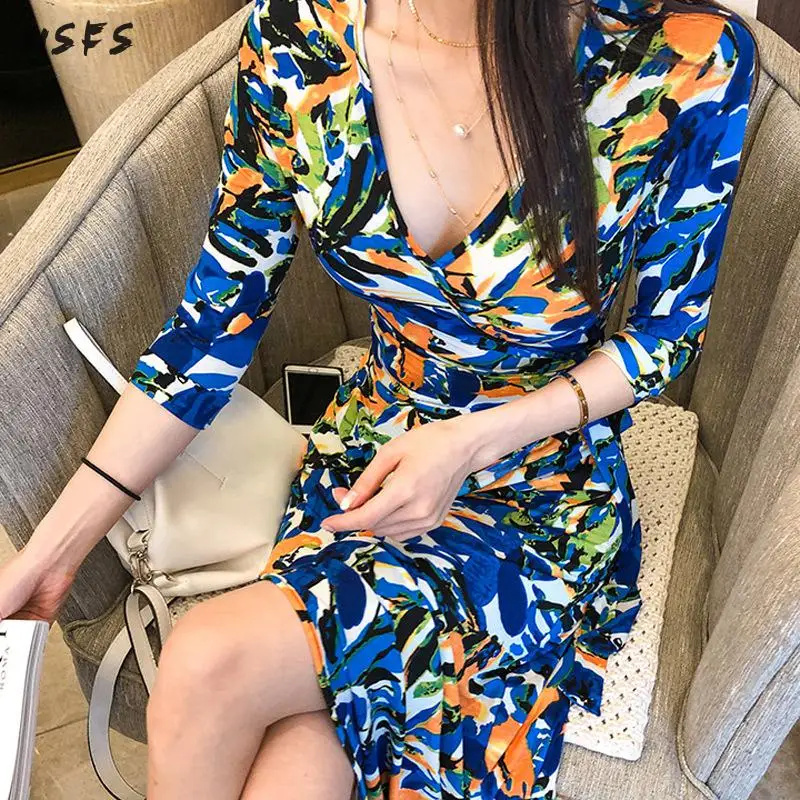 Лето печати Пляжные наряды Vneck синий Женское платье длинные Повседневное дамы