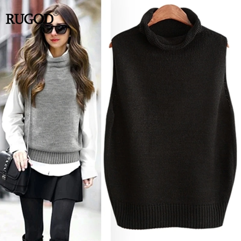 Ceny RUGOD 2019 jesień zima golfem luźne kobiety kamizelka bez rękawów urząd Lady stałe wygodne koreański, dzianinowy chalecos para mujer