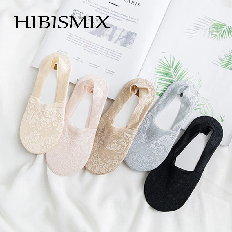 

HIBISMIX Women Sock Slippers Fashion 2019 Summer Invisible Skin Colors Lace Mesh Women Socks S0018