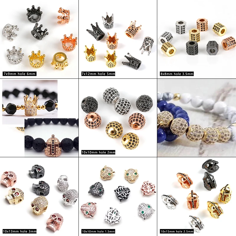 

4Pcs Shinning CZ Crystal Spacer Beads Copper Charm Round Crown Leopard Metal Beads for Bracelet Making Jewelry Findings DIY