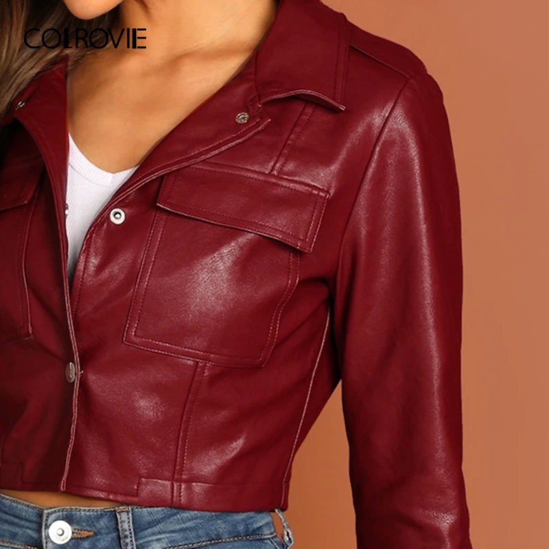 Manteau Femmes Veste De Cuir Survêtement En Poche Colrovie Simple 2019 Streetwear Mode Cultures Boutonnage Vêtements Manteaux Bourgogne Biker aWwWz0q8O