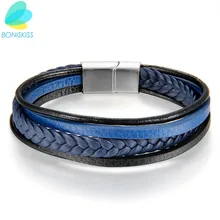 Boniskiss модный простой вязаный браслет из нержавеющей стали синий Многослойный кожаный браслет для мужчин-женщин ювелирные изделия