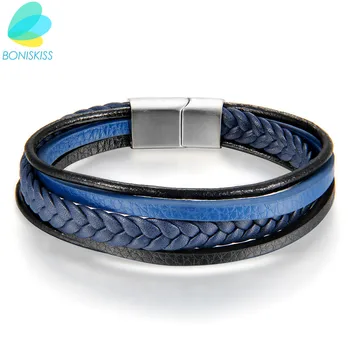 

Boniskiss Fashion Simple Knit Bracelet Stainless Steel Blue Multilayer Leather Bracelet For Men -Women Jewelry