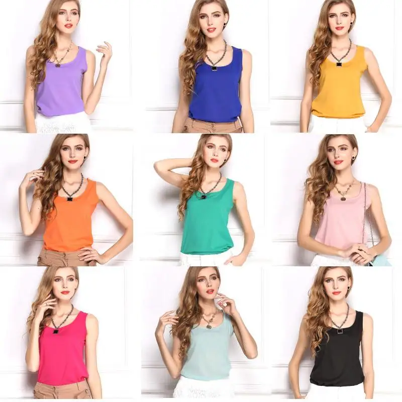 

HOOYI 2019 New Cool Chiffon Tank Tops women Solid Color Plus size Summer Style base tees