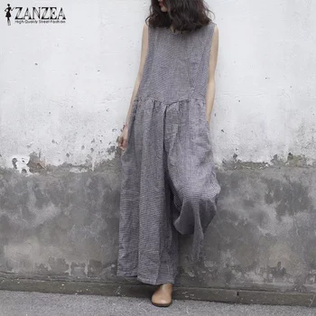 

ZANZEA 2020 Summer Wide Leg Jumpsuit Women Sleeveless Plaid Overalls Vintage Causal Pants Pleated Pantalon Plus Size Playsuits