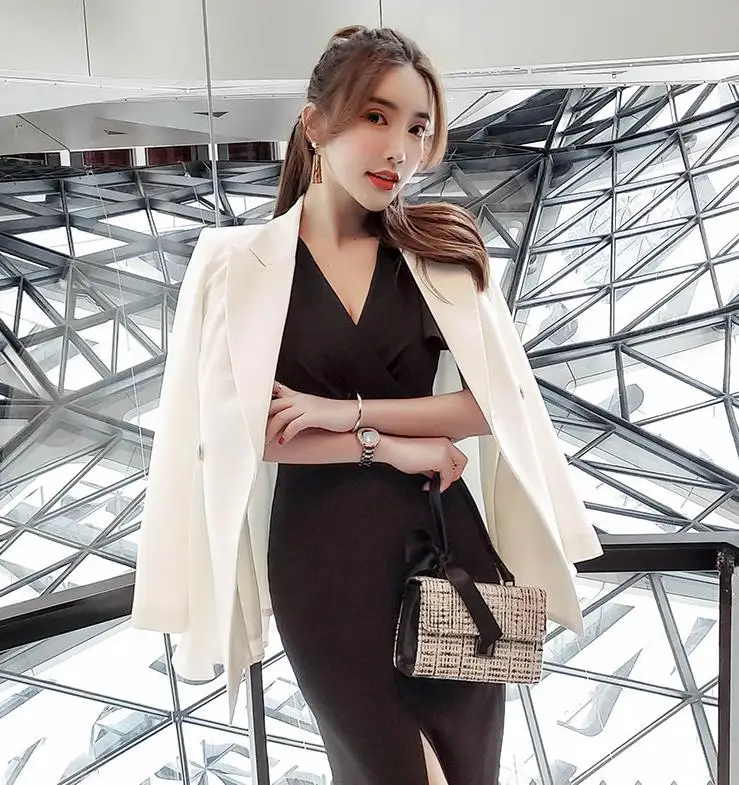 Империя талии для женщин блейзеры и куртки корейский полный рукав досуг дамы костюм куртка Fit клеш черный белый