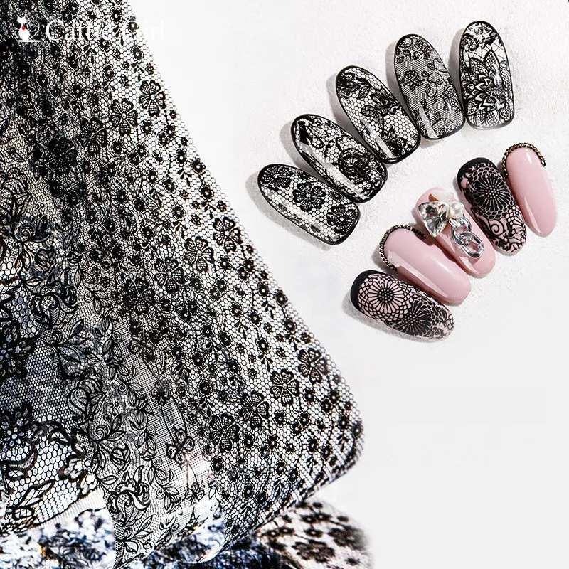 

4*50cm 1 sheet Nails Foil Stickers Black Lace Flowers Design Nail Foil Flower Manicure for Gel Nails Art Decorations Decals